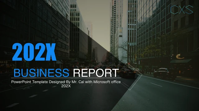 Capa com foto urbana, sobreposições escuras, ano de exemplo 202X azul, título Business Report e marca CXS.