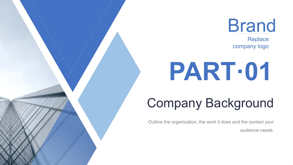 藍色幾何企業介紹演示模板 — 建築照片旁的第一章企業背景標題