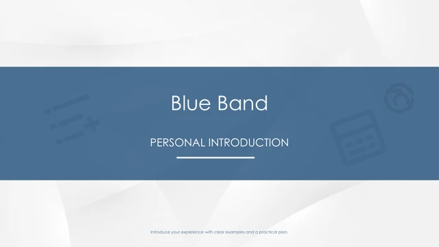Uma faixa azul apresenta Blue Band e Personal Introduction sobre fundo claro facetado com ícones discretos.