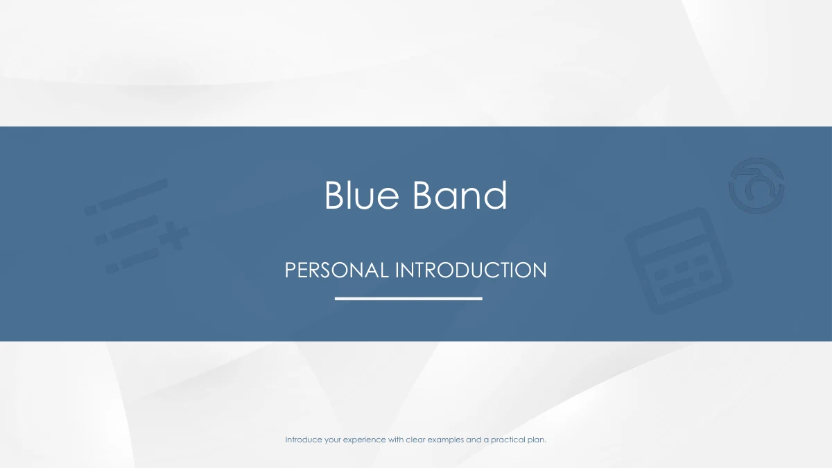 Uma faixa azul apresenta Blue Band e Personal Introduction sobre fundo claro facetado com ícones discretos.