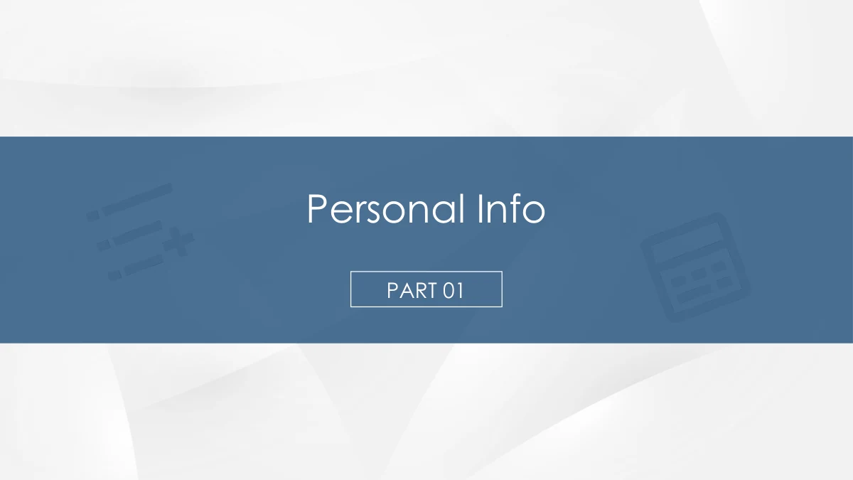 Personal Info e Part 01 em contorno aparecem sobre uma faixa azul e fundo claro facetado.