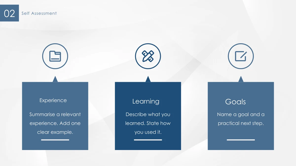 Ícones de pasta, ferramenta e escrita ficam acima dos cartões azuis Experience, Learning e Goals.