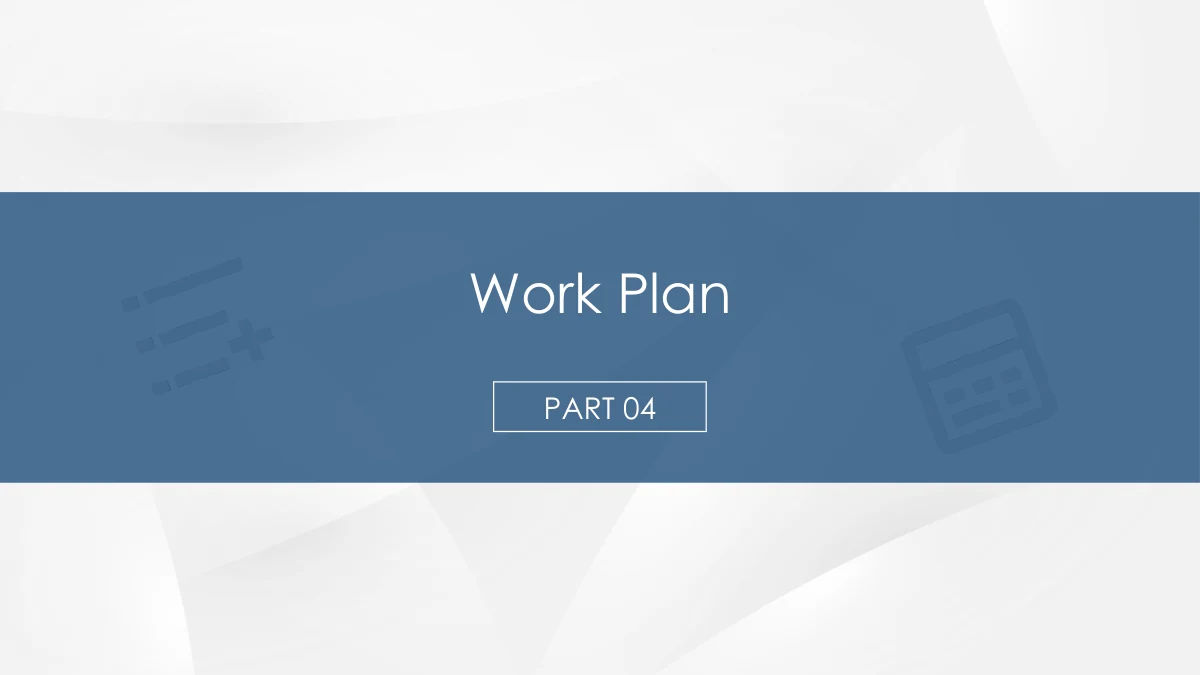 Work Plan e Part 04 em contorno aparecem sobre faixa azul e fundo claro facetado.