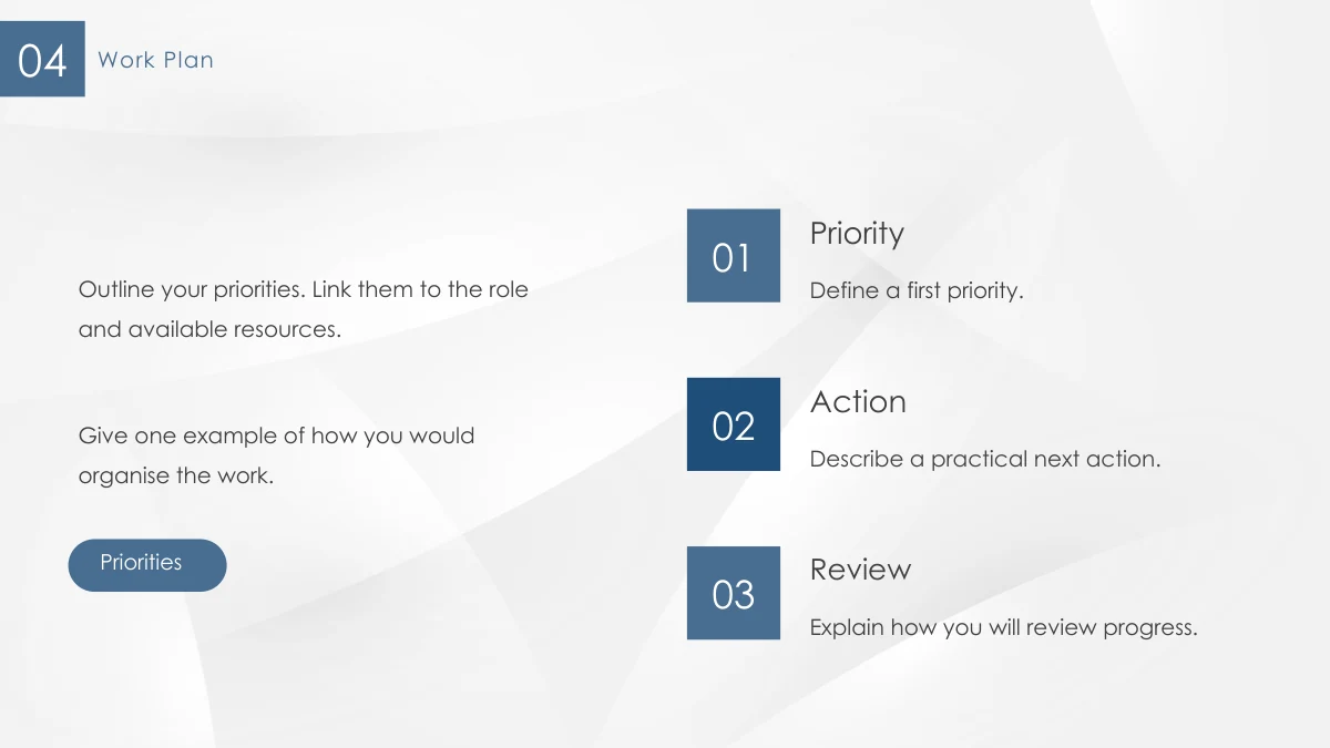 Duas áreas de texto e o rótulo arredondado Priorities acompanham notas numeradas Priority, Action e Review.