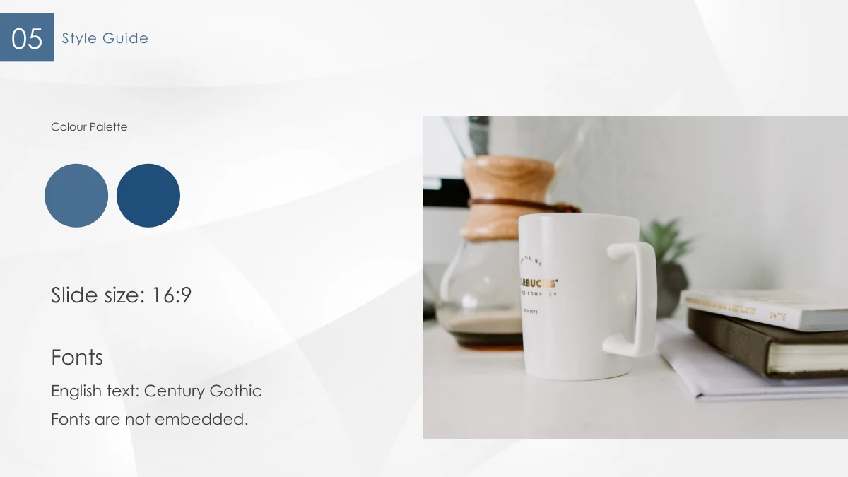 Dois círculos azuis e orientações Century Gothic acompanham uma foto de xícara, equipamento de café e livros.