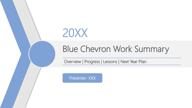 Blue Chevron Work Summary Presentation Template — Blue chevrons and a circle sit beside the title, sample year 20XX and presenter XXX on a white cover.
