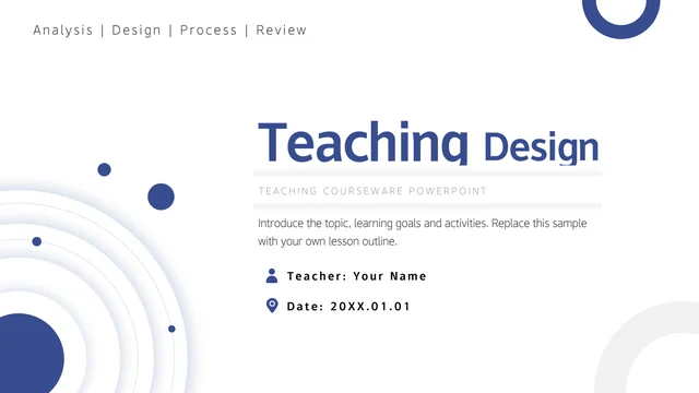 Concentric blue and white circles frame a Teaching Design title, four section names and teacher and date fields.