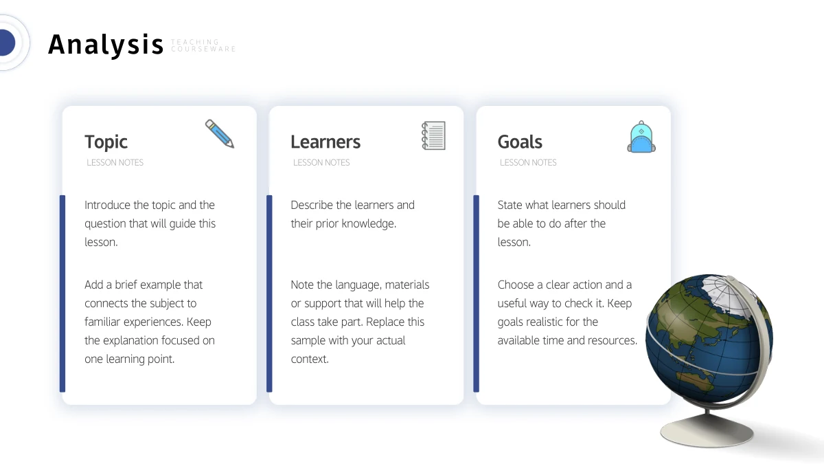 Three tall white cards use pencil, notebook and backpack icons above teaching notes, with a globe at the lower right.