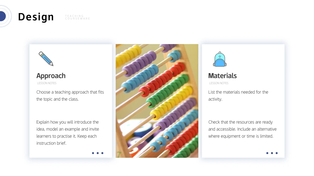 A tall photograph of colorful abacus beads separates white Approach and Materials panels with pencil and backpack icons.