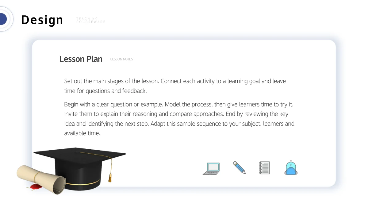 Two lesson-planning paragraphs sit in a wide white shadow card above a graduation cap, diploma and four school-item icons.