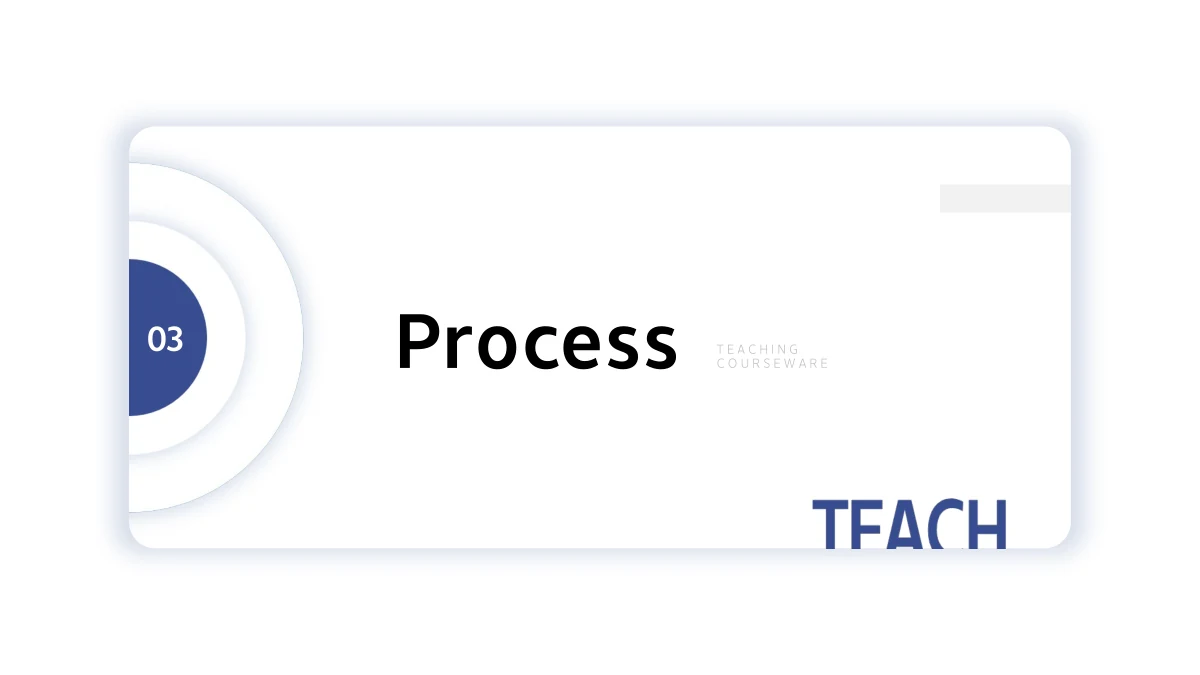 The Process heading occupies a large white shadow card with a blue 03 circle at the left and TEACH at the lower right.