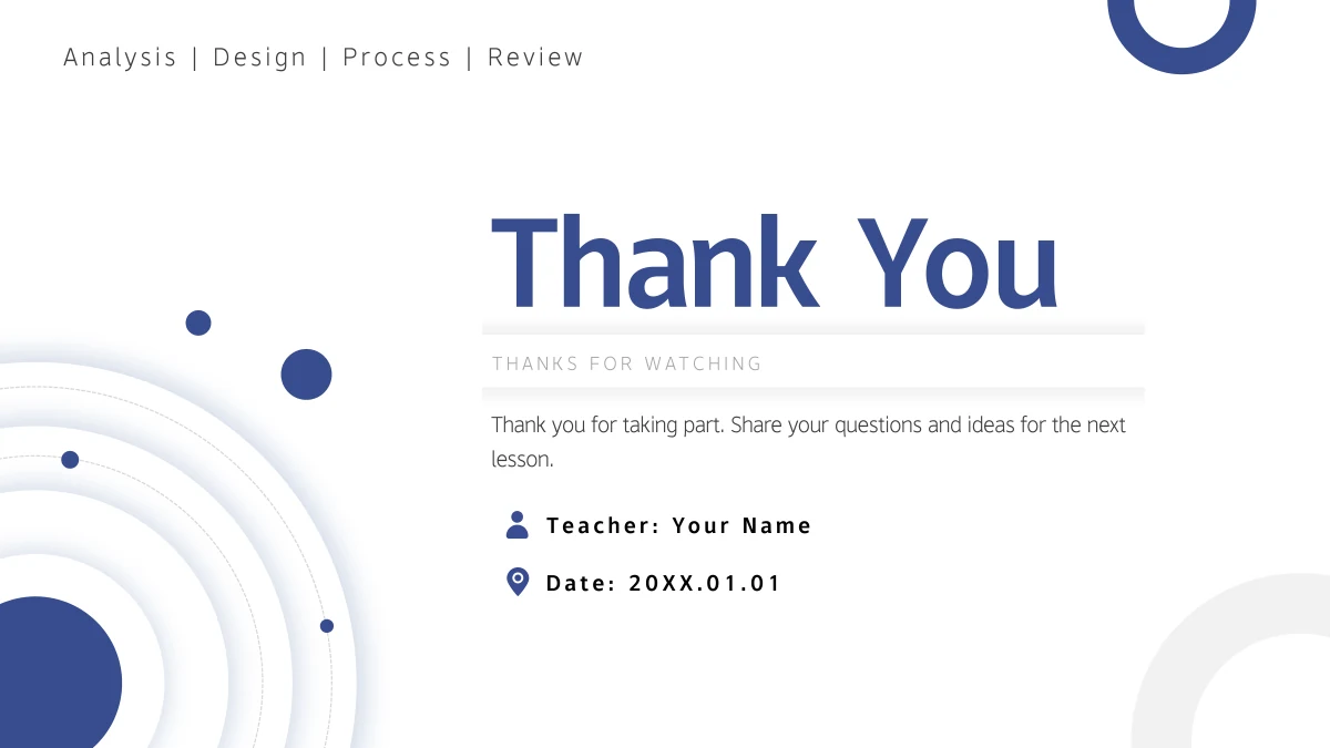 A large Thank You title repeats the circular cover design, with the four section names, a closing prompt and teacher and date fields.