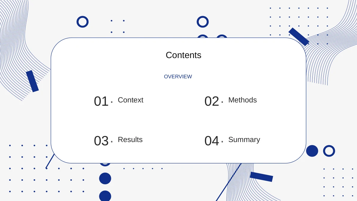 Slide 2: Four numbered entries introduce Context, Methods, Results and Summary inside a rounded white card.