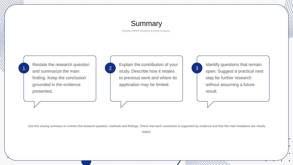 Slide 13: Three numbered speech cards prompt a main finding, a contribution and an open question, with a closing summary note below.