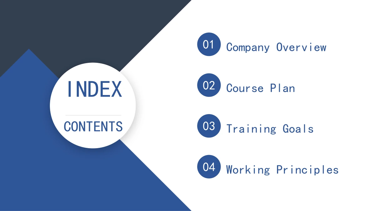 A white circle carries INDEX and CONTENTS beside four numbered entries for Company Overview, Course Plan, Training Goals and Working Principles.