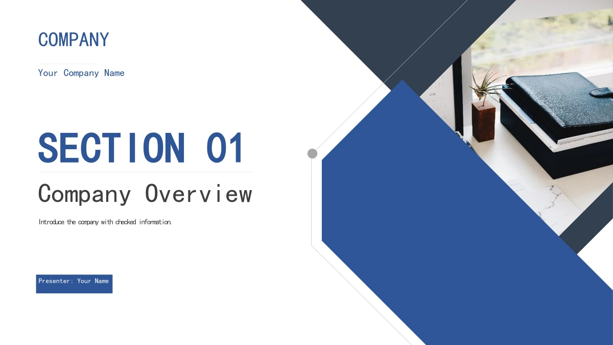 SECTION 01 and Company Overview appear beside the repeated notebook photo and angular blue and graphite panels.