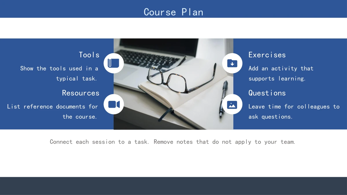 A photograph of glasses, a notebook and laptop sits between blue note panels for Tools, Resources, Exercises and Questions.