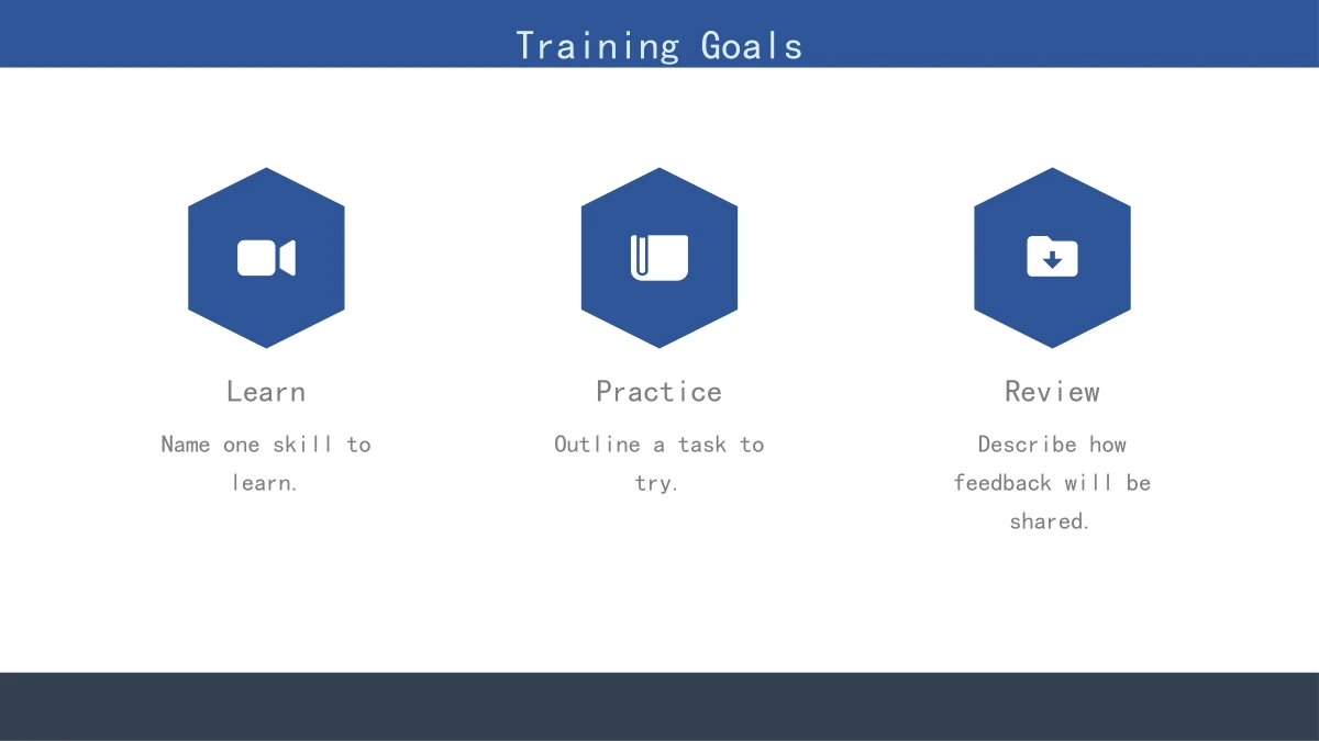 Three blue hexagons with white icons introduce Learn, Practice and Review, each with a brief editable prompt.