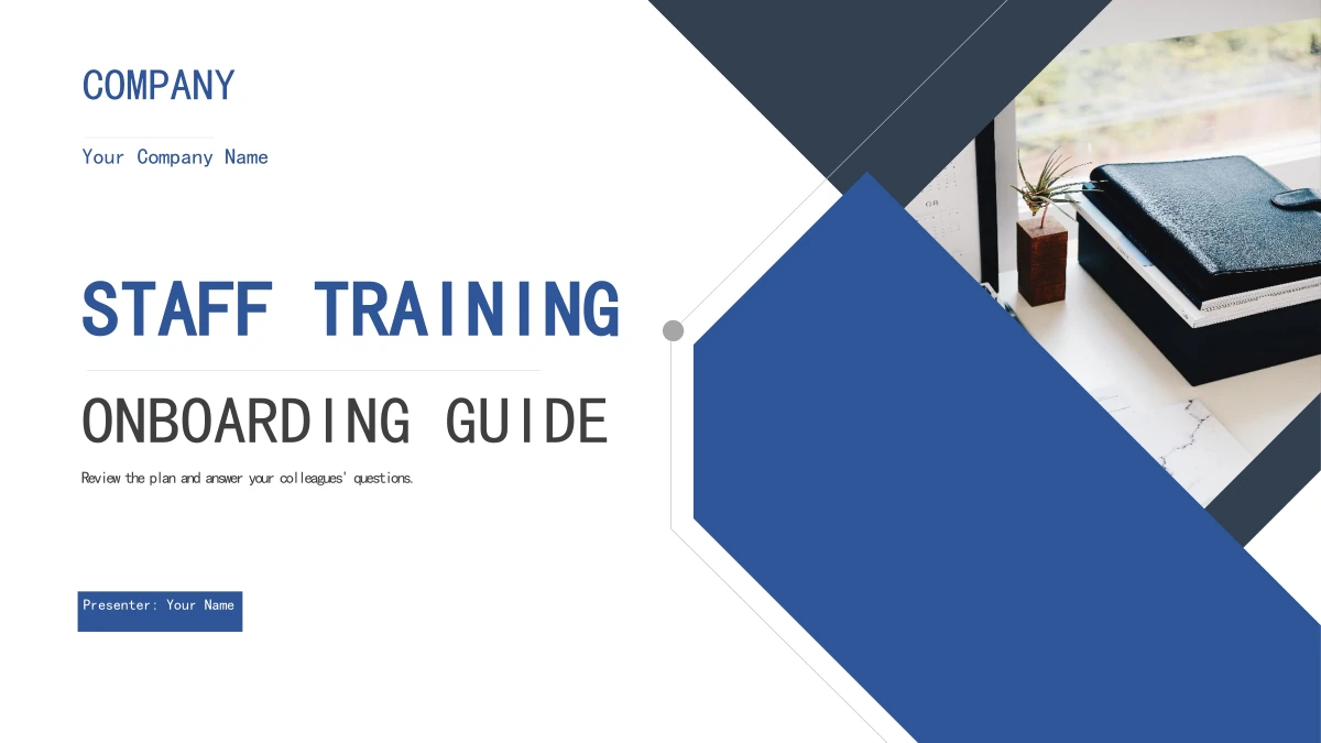 The closing page repeats STAFF TRAINING and ONBOARDING GUIDE with the office photo, blue diamonds and neutral company and presenter fields.