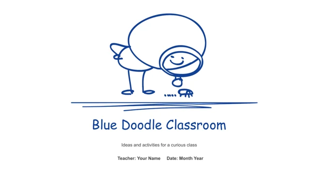 A blue line-drawn figure bends toward a small creature above a scribbled underline, the presentation title and presenter and date fields.