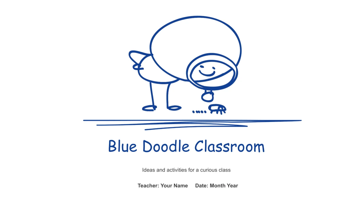 A blue line-drawn figure bends toward a small creature above a scribbled underline, the presentation title and presenter and date fields.