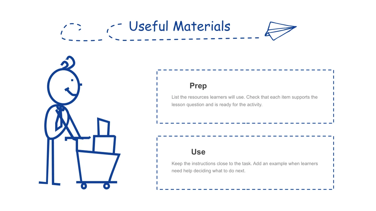 A character pushes a trolley with boxes on the left while two wide dotted text frames occupy the right.