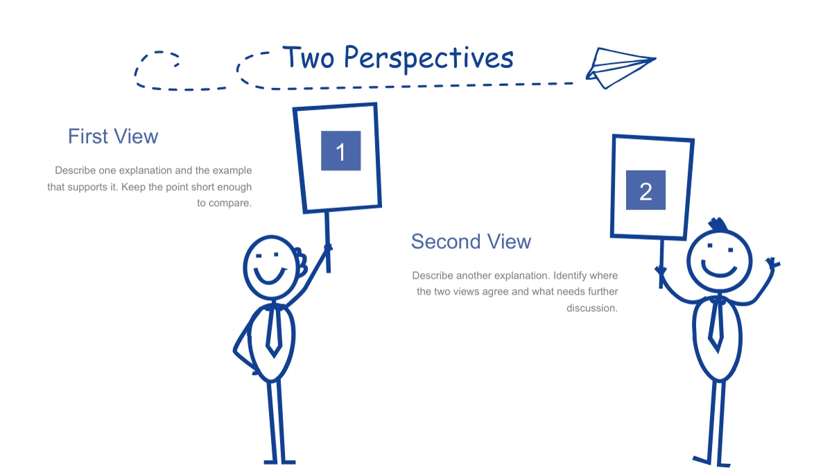 Two smiling characters hold signs numbered 1 and 2, with comparison headings and notes alongside them.