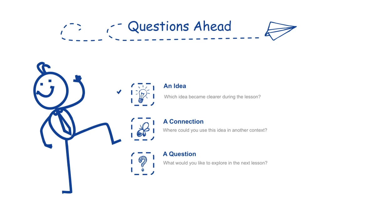 A large character raises one leg on the left; lightbulb, butterfly and question-mark icons introduce three notes on the right.