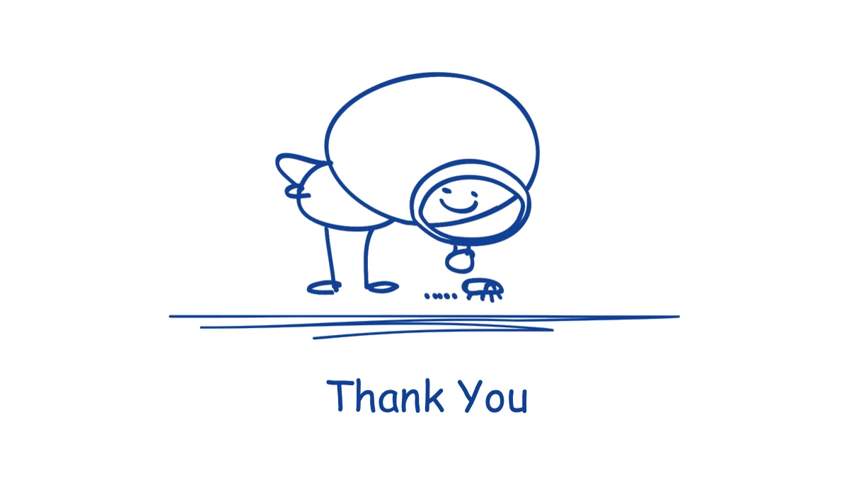 The cover’s bent blue figure and small creature return above a scribbled underline and a closing thank-you title.