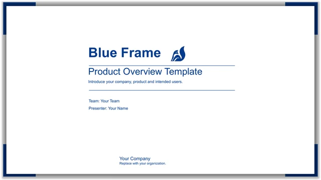 Blue Frame Product Presentation Template: Blue framed product title and a small original fox emblem on the white opening page.