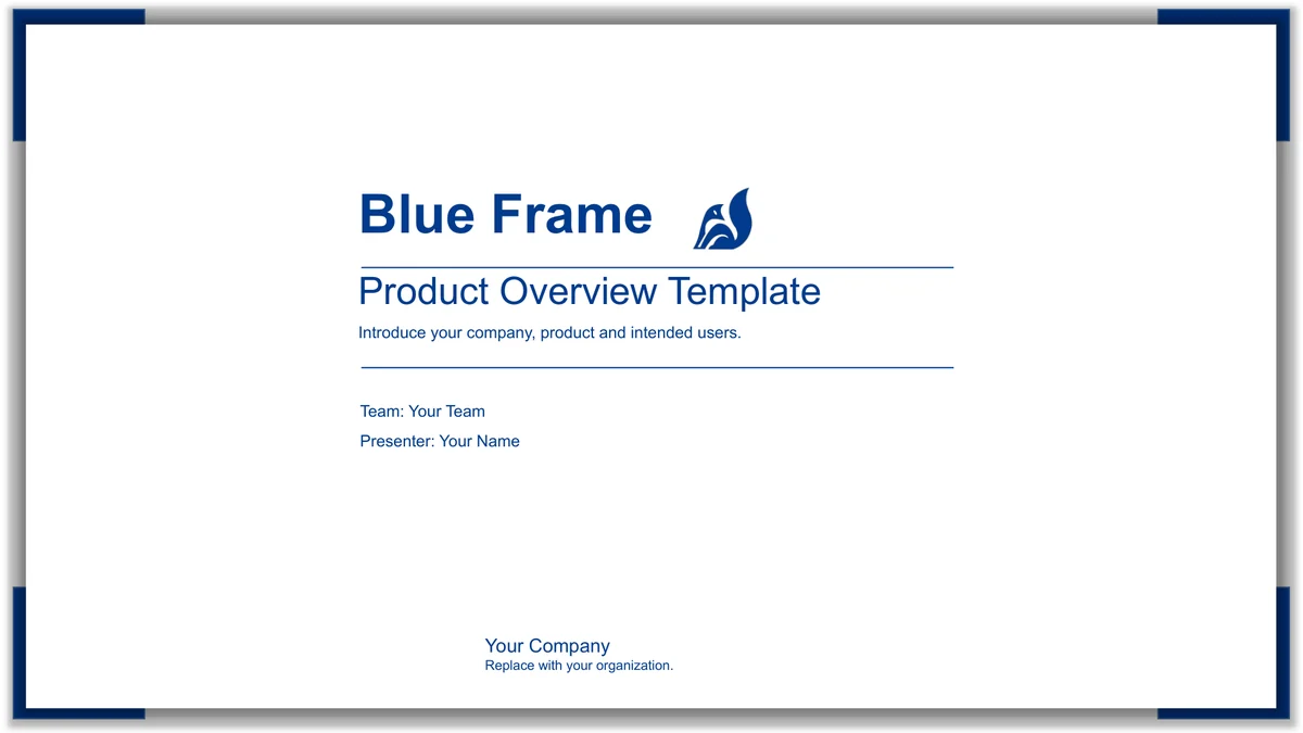 Blue Frame Product Presentation Template: A blue product heading and small fox emblem sit inside a blue corner border with a soft shadow.