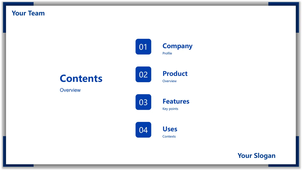 Blue Frame Product Presentation Template: Four numbered blue squares introduce Company, Product, Features and Uses beside a Contents heading.
