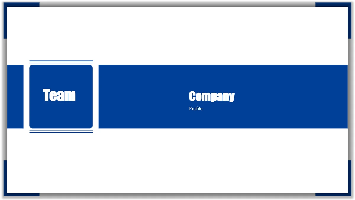 Blue Frame Product Presentation Template: A blue horizontal band pairs a Team label with the Company and Profile heading.
