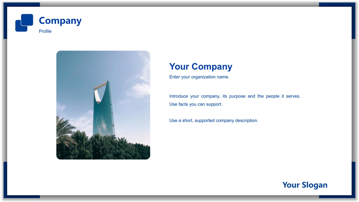 Blue Frame Product Presentation Template: A glass tower photo sits to the left of company-name and description prompts on white.