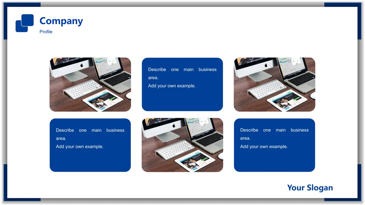 Blue Frame Product Presentation Template: Three workspace photos alternate with three blue rounded note cards in a two-row grid.