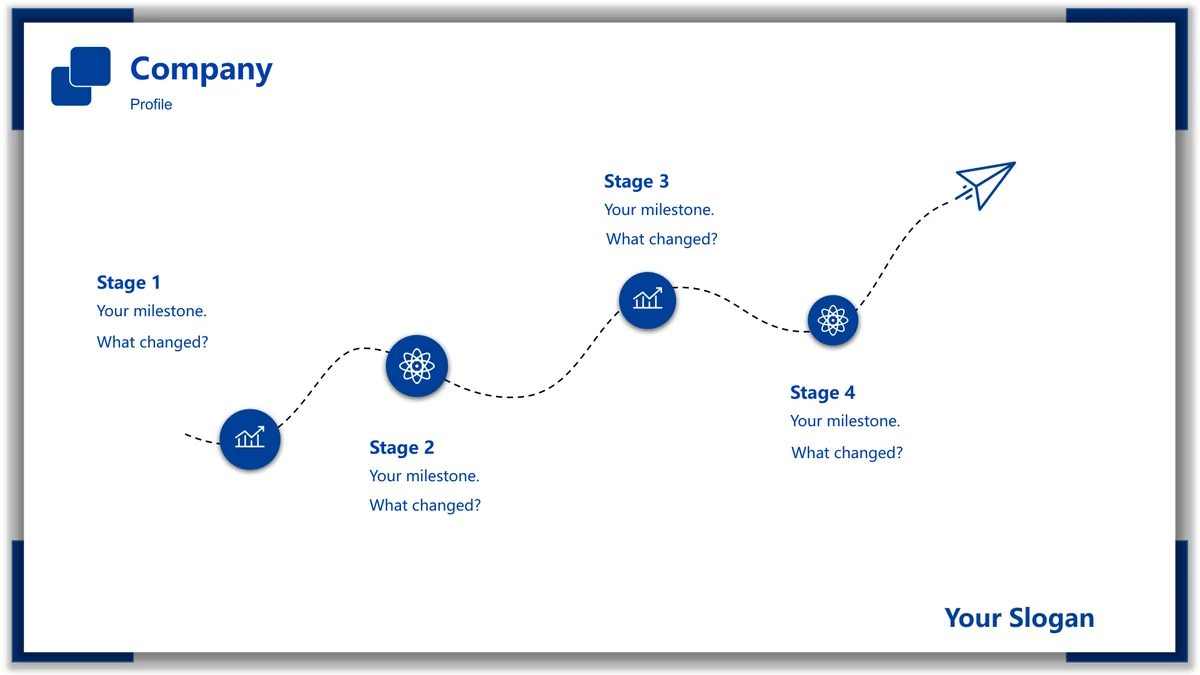 Blue Frame Product Presentation Template: Four blue circular markers follow a dotted rising curve that ends with a paper plane.