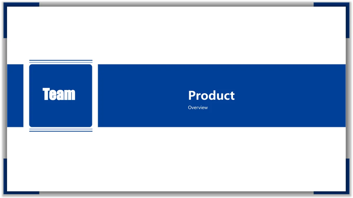 Blue Frame Product Presentation Template: A Team label and Product Overview heading share a wide blue band across the page.