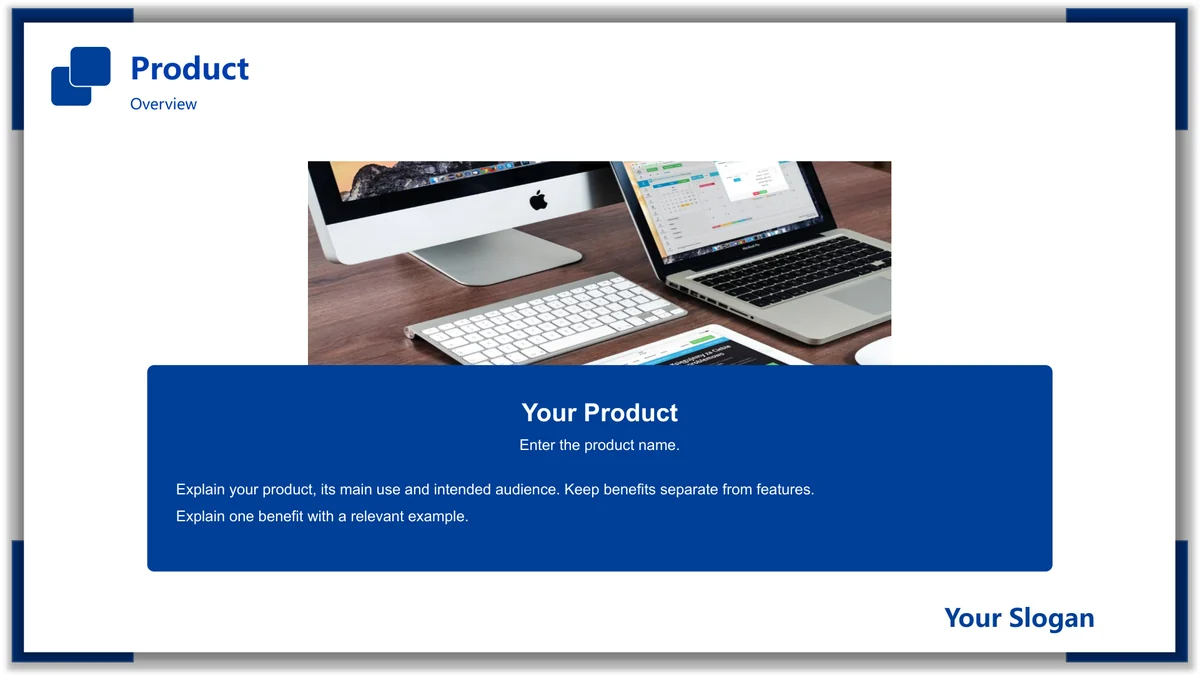 Blue Frame Product Presentation Template: A workspace photo sits above a wide blue panel containing product-name and description prompts.