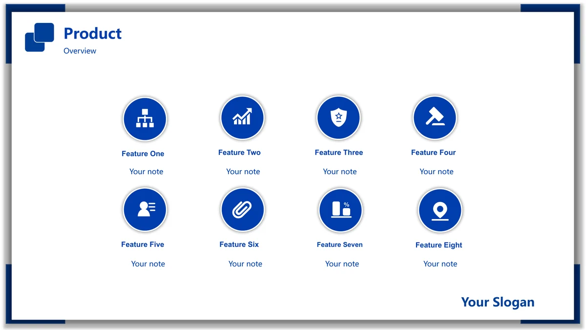Blue Frame Product Presentation Template: Eight white icon images sit in blue circles, with feature labels arranged in two rows of four.