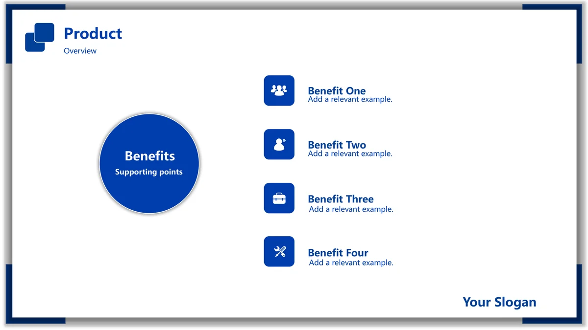 Blue Frame Product Presentation Template: A large blue benefit circle sits beside four icon-led notes in a vertical list.
