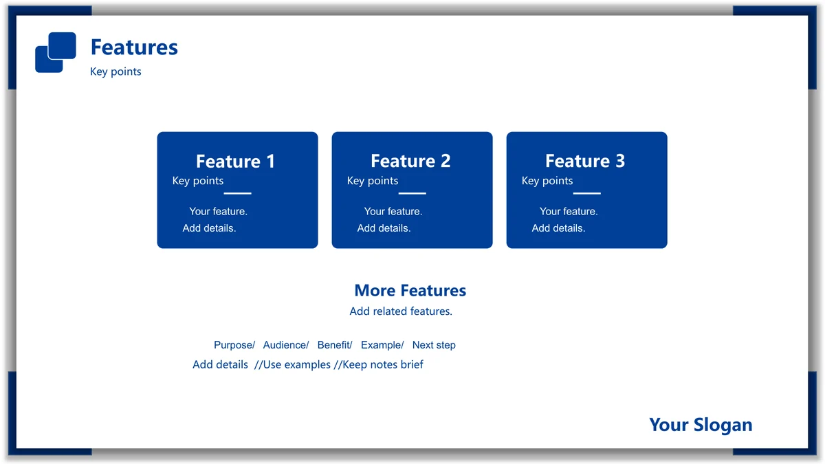 Blue Frame Product Presentation Template: Three blue rounded cards show features numbered 1, 2 and 3 with short notes beneath.