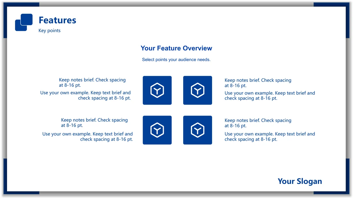 Blue Frame Product Presentation Template: Four outlined cube icons sit in blue squares between four surrounding feature-note blocks.