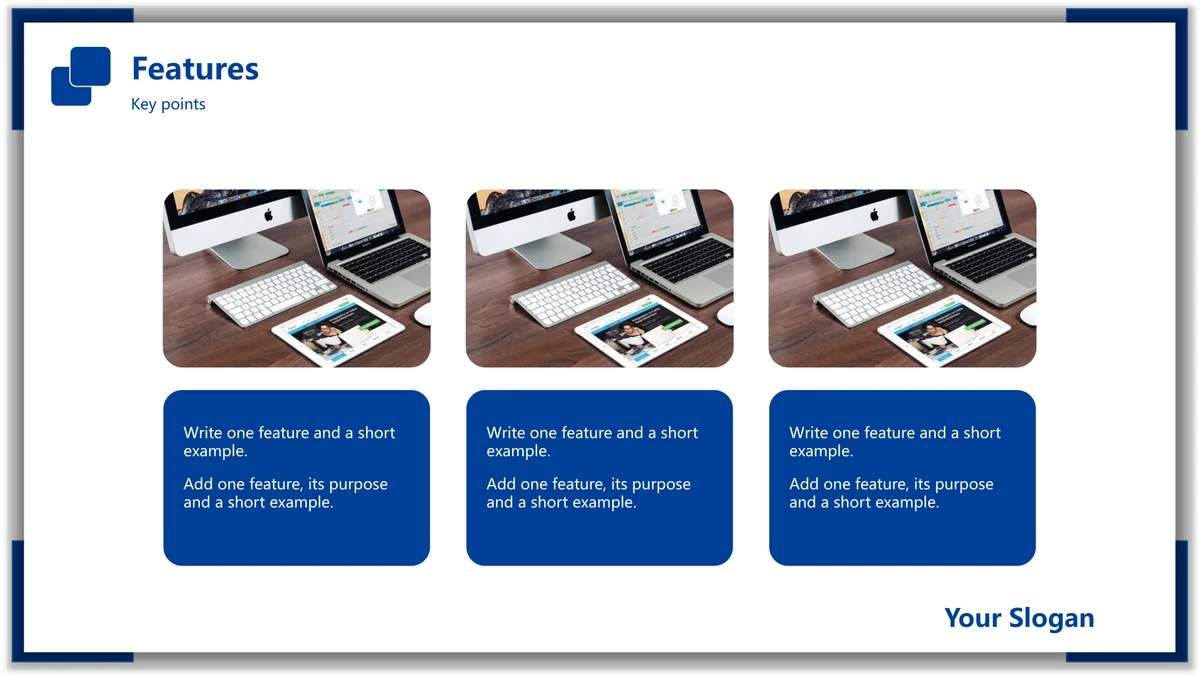 Blue Frame Product Presentation Template: Three matching device photos sit above three separate blue rounded note cards.