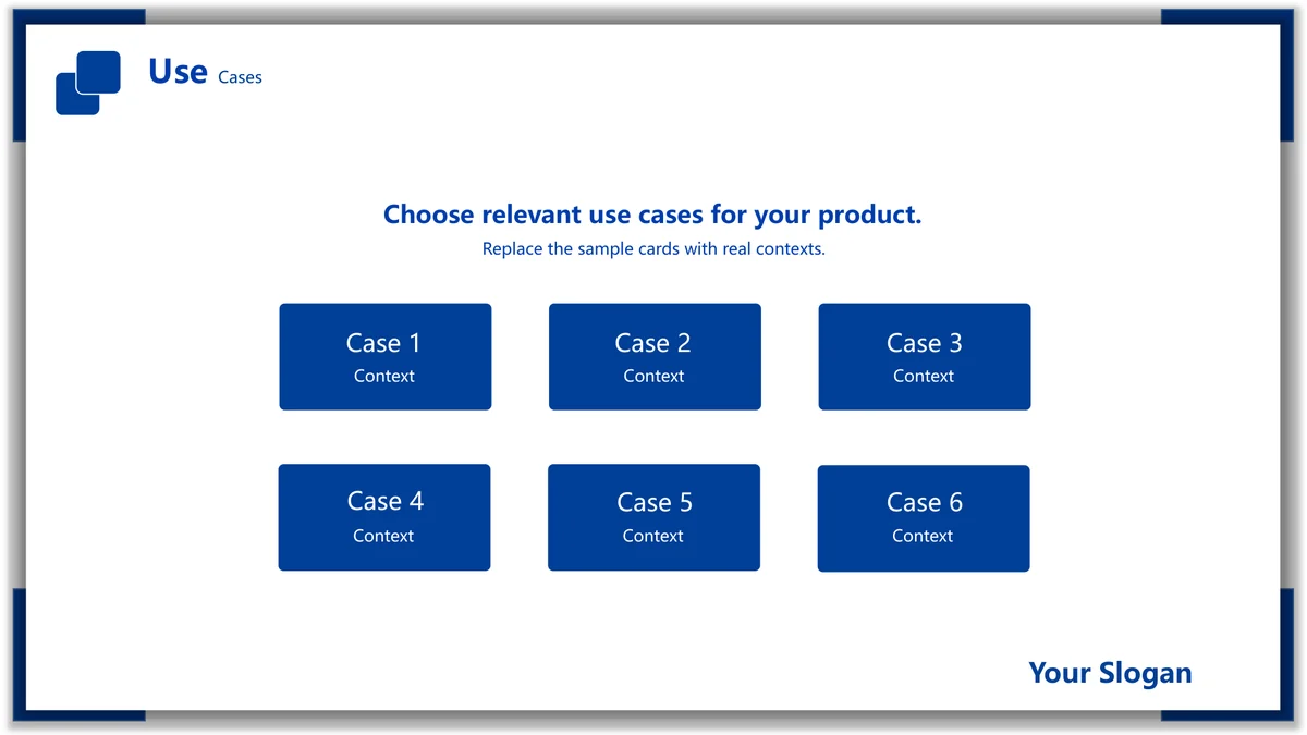 Blue Frame Product Presentation Template: Six blue rectangular cards form two rows, labelled with cases 1 to 6 beneath editable prompts.