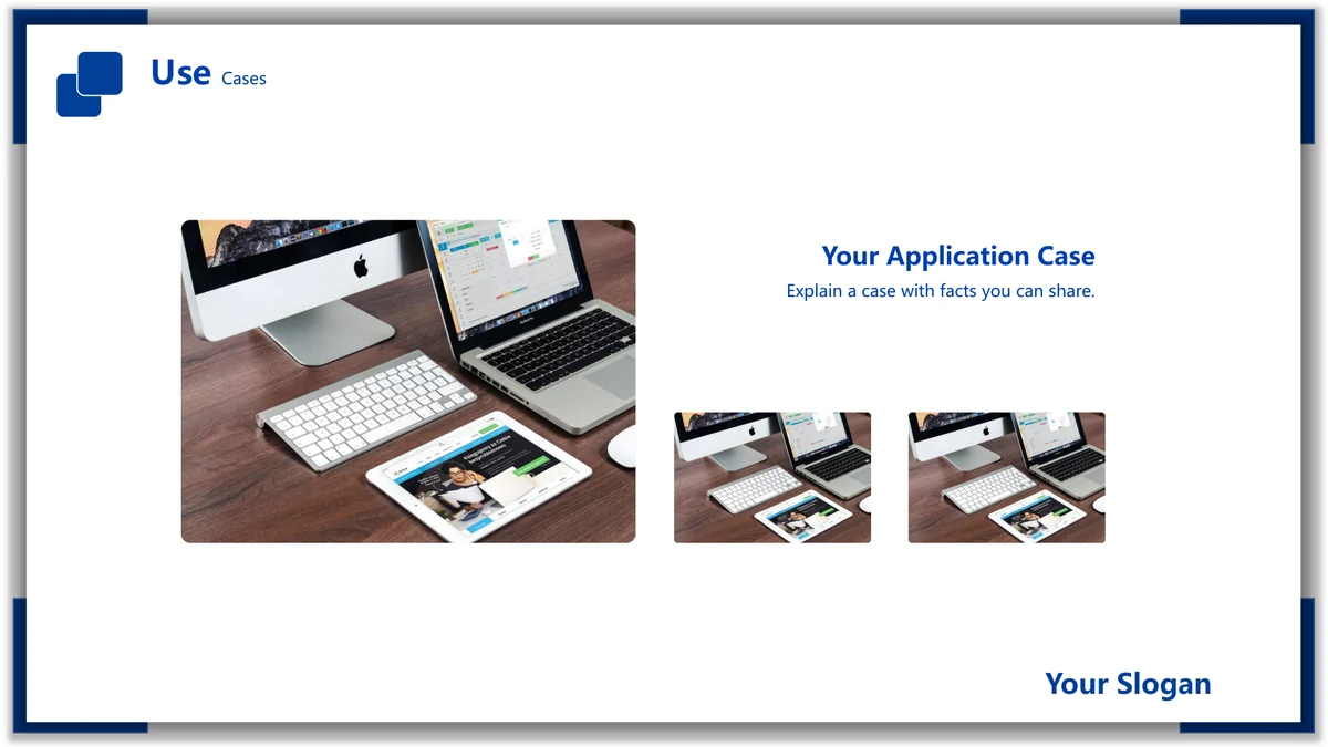 Blue Frame Product Presentation Template: A large workspace photograph appears at left, with a case heading and two smaller photos at right.