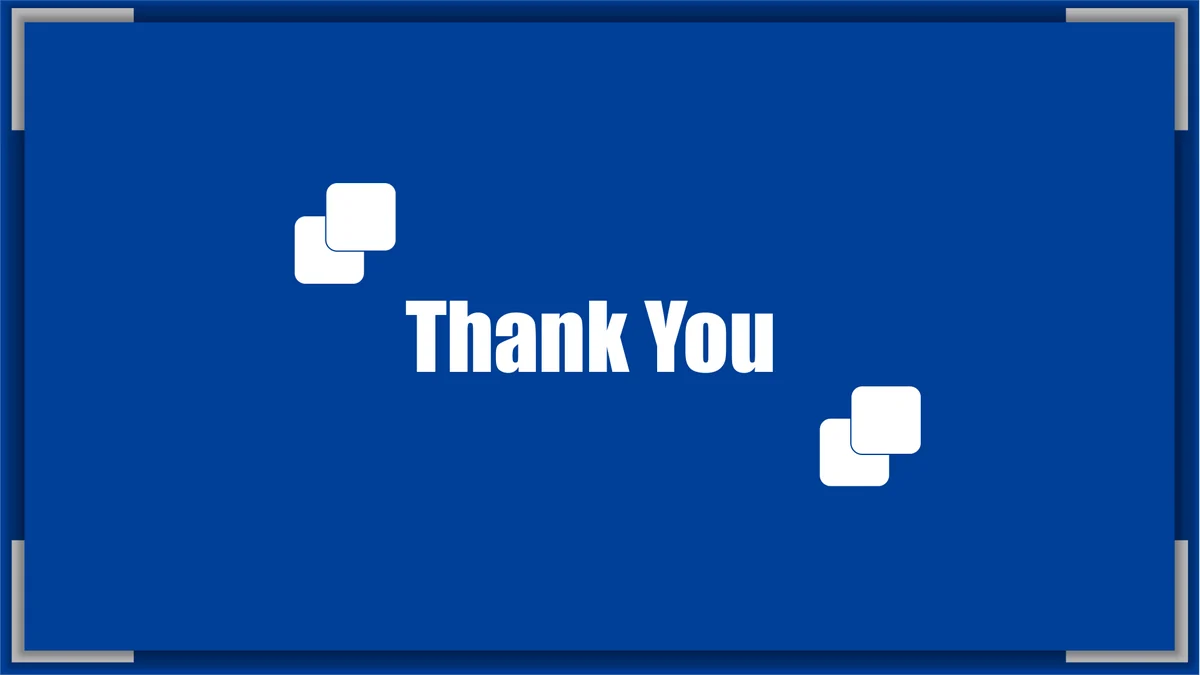 Blue Frame Product Presentation Template: Thank You appears on a blue background with paired white squares and a blue-and-grey corner border.