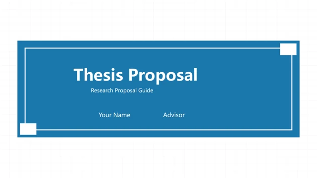 Capa do modelo de apresentação de proposta de tese azul: Uma grelha discreta rodeia um painel retangular azul com contorno branco fino e quadrados nos cantos. Por baixo de Thesis Proposal estão campos editáveis para nome e orientador.