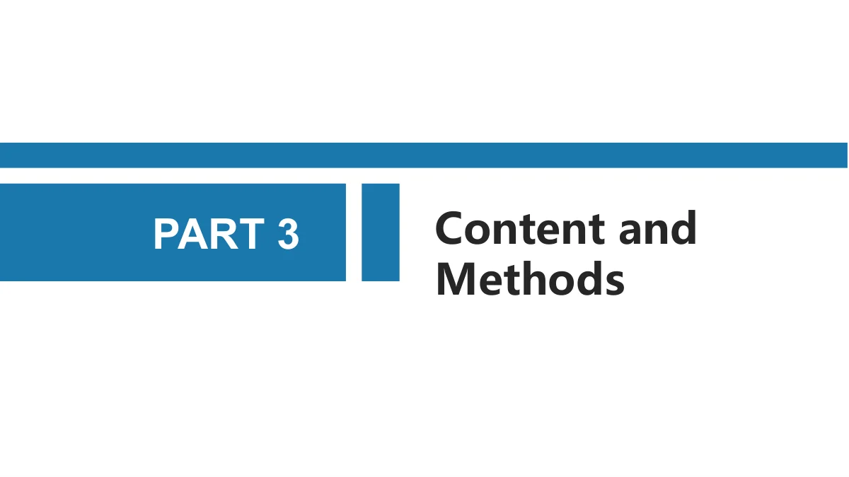 青いグリッドの論文研究計画プレゼンテーションテンプレート、9枚目：PART 3はContent and Methodsを紹介します。黒い見出しは2行で、青い章ブロックと縦の区切りに並びます。