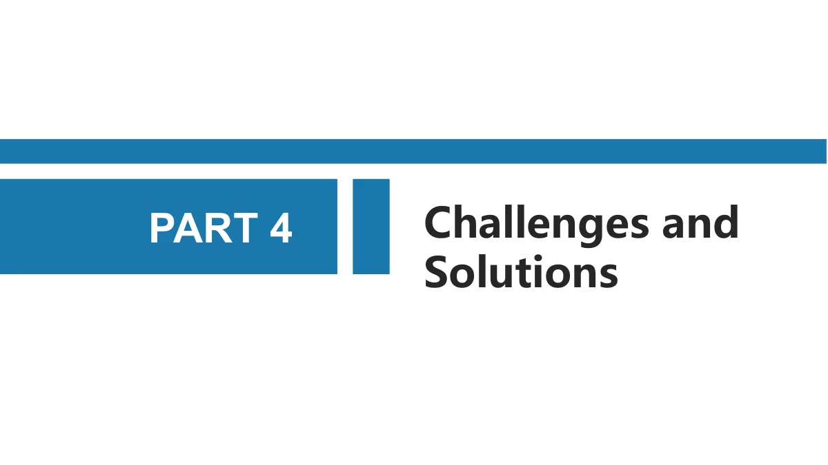 青いグリッドの論文研究計画プレゼンテーションテンプレート、12枚目：青いPART 4のブロックにChallenges and Solutionsの2行見出しを組み合わせ、細い縦の区切りと横線を繰り返しています。