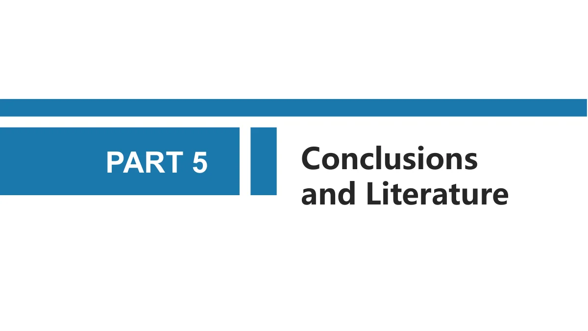 青いグリッドの論文研究計画プレゼンテーションテンプレート、15枚目：PART 5がConclusions and Literatureを紹介し、2行の黒い見出しに青い章ブロック、縦の区切り、長い横線を組み合わせています。